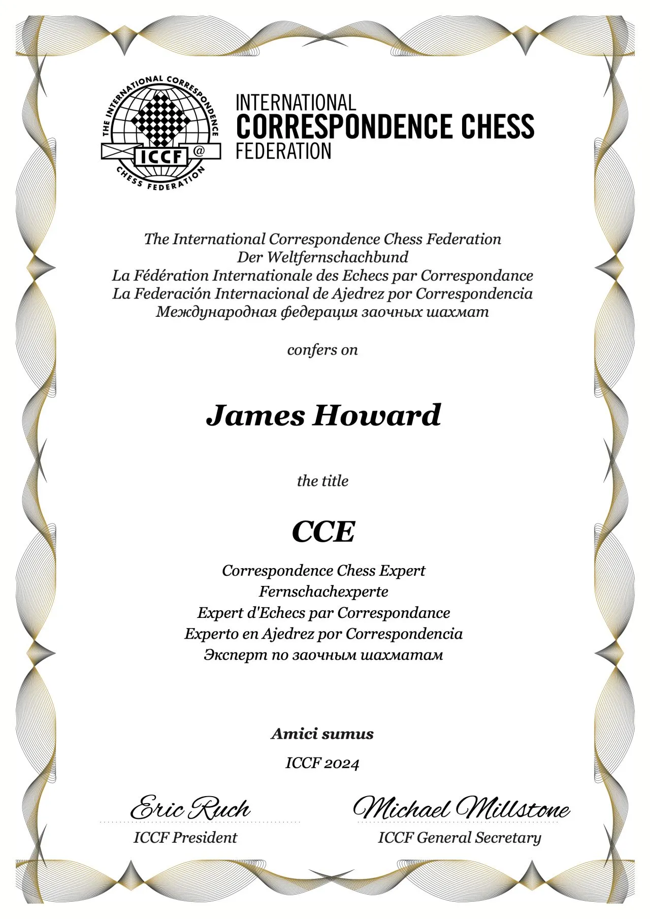 My Correspondence Chess Expert certificate
