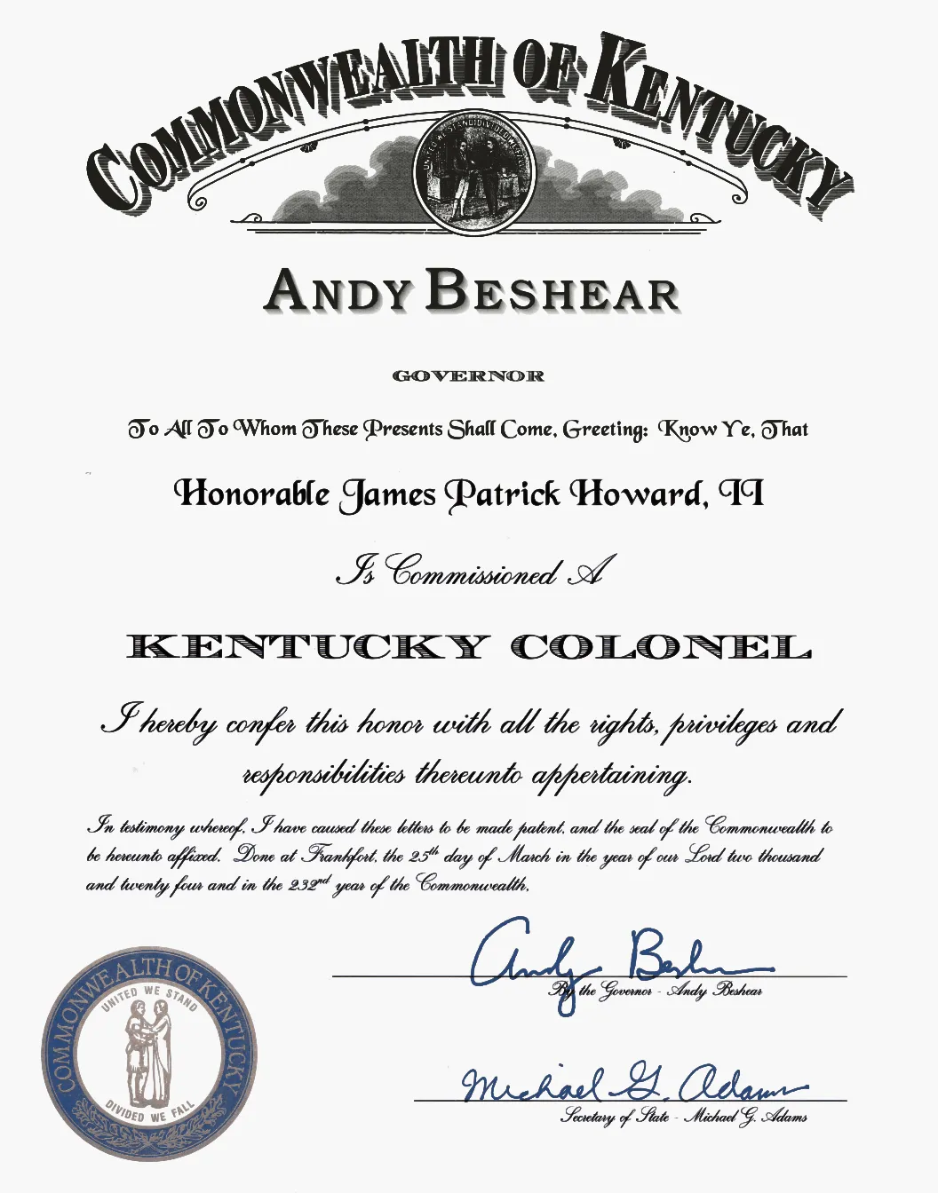 Brevet as a Kentucky Colonel