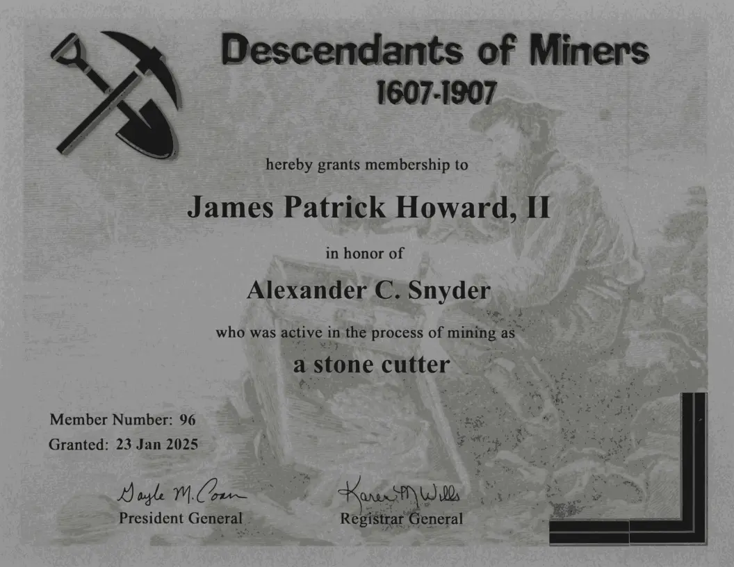 Membership certificate in the Decendants of Miners