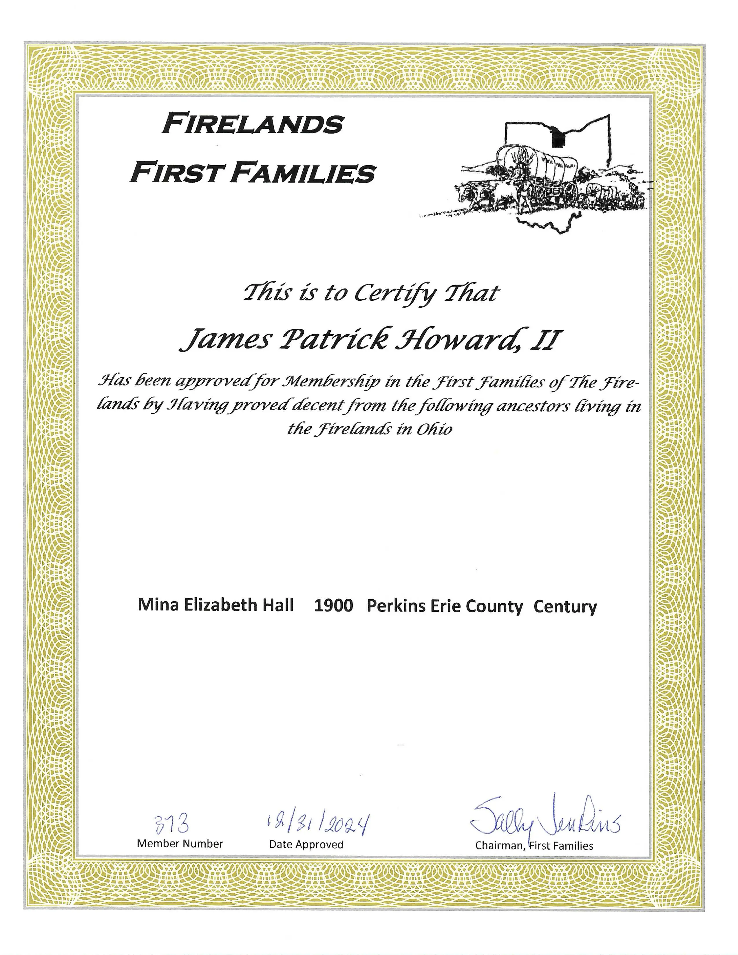 Membership certificate in the First Families of the Firelands