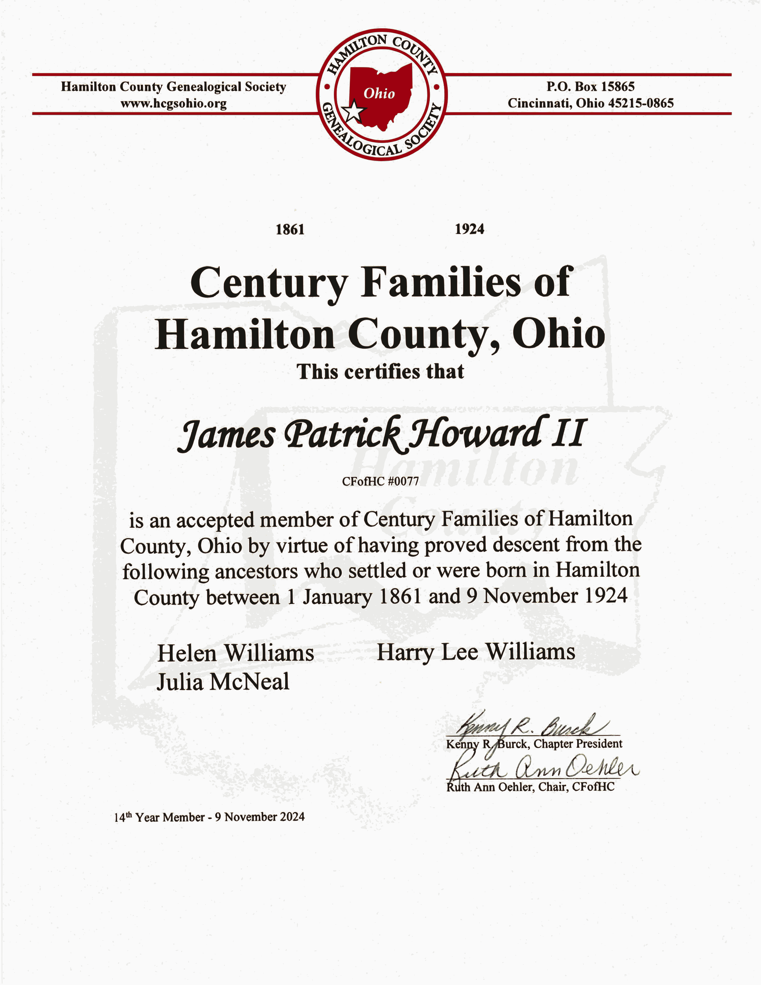 Membership certificate in the Century Families of Hamilton County