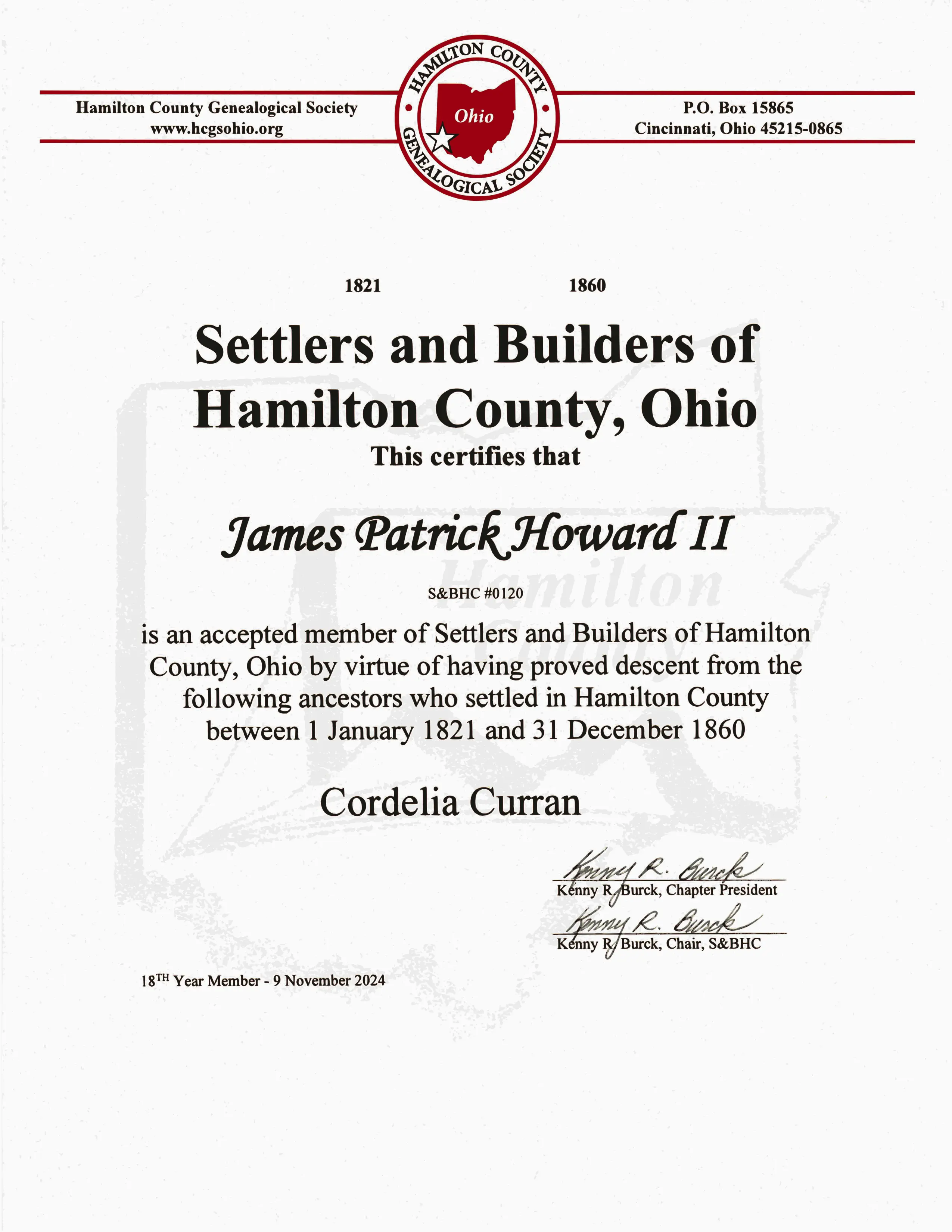 Membership certificate in the Settlers and Builders of Hamilton County