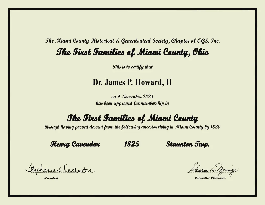 Membership certificate in the Pioneers and Settlers Families of Miami County