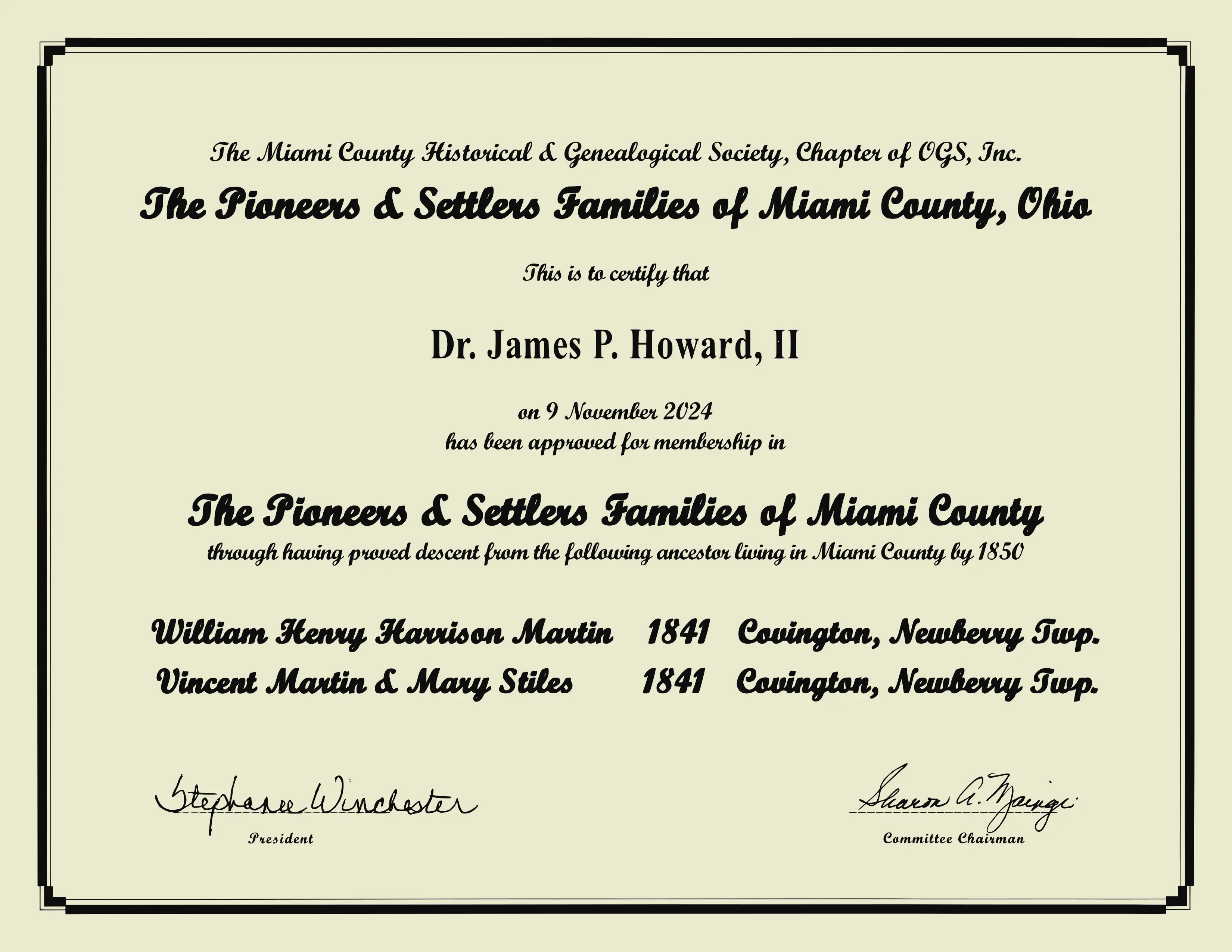 Membership certificate in the Pioneers and Settlers Families of Miami County