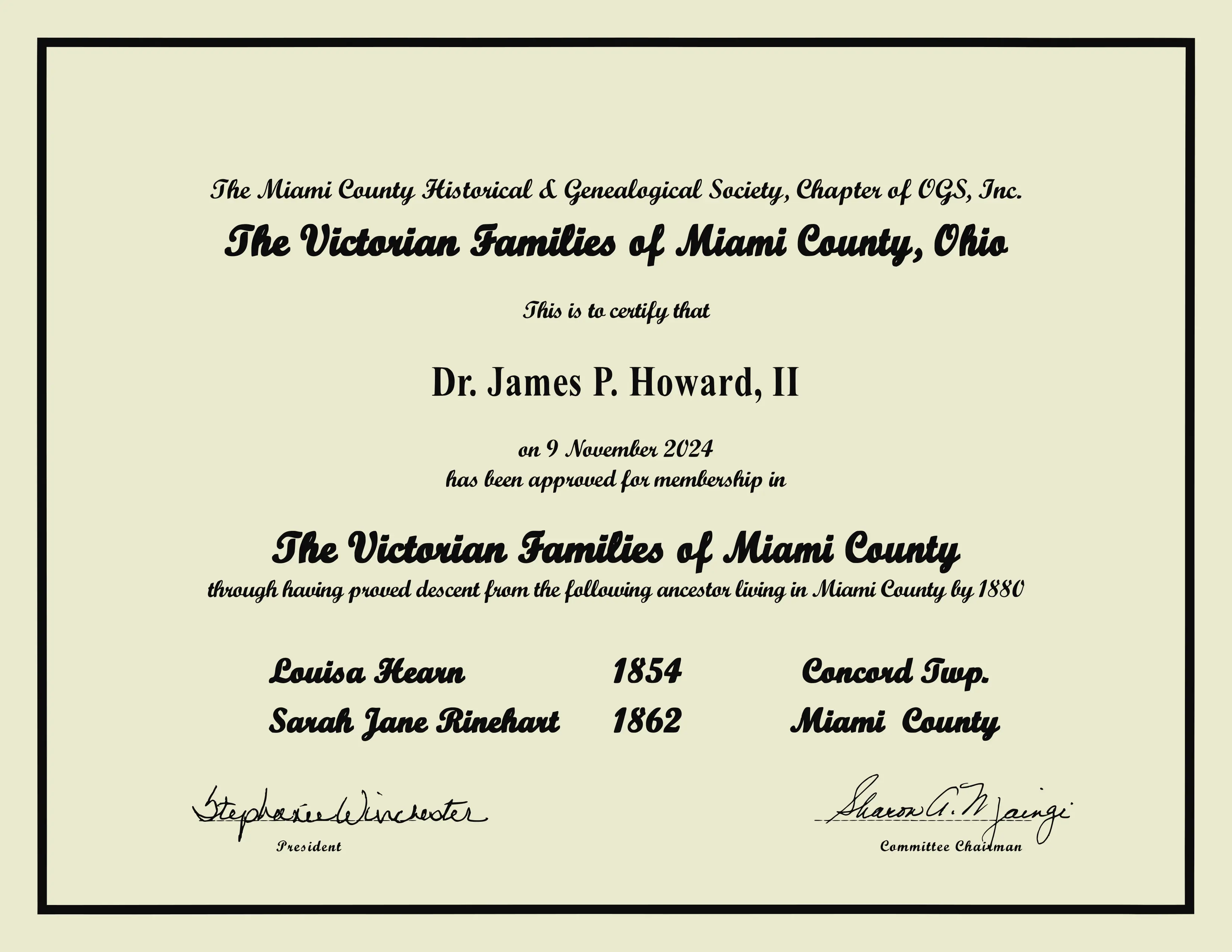 Membership certificate in the Victorian Families of Miami County