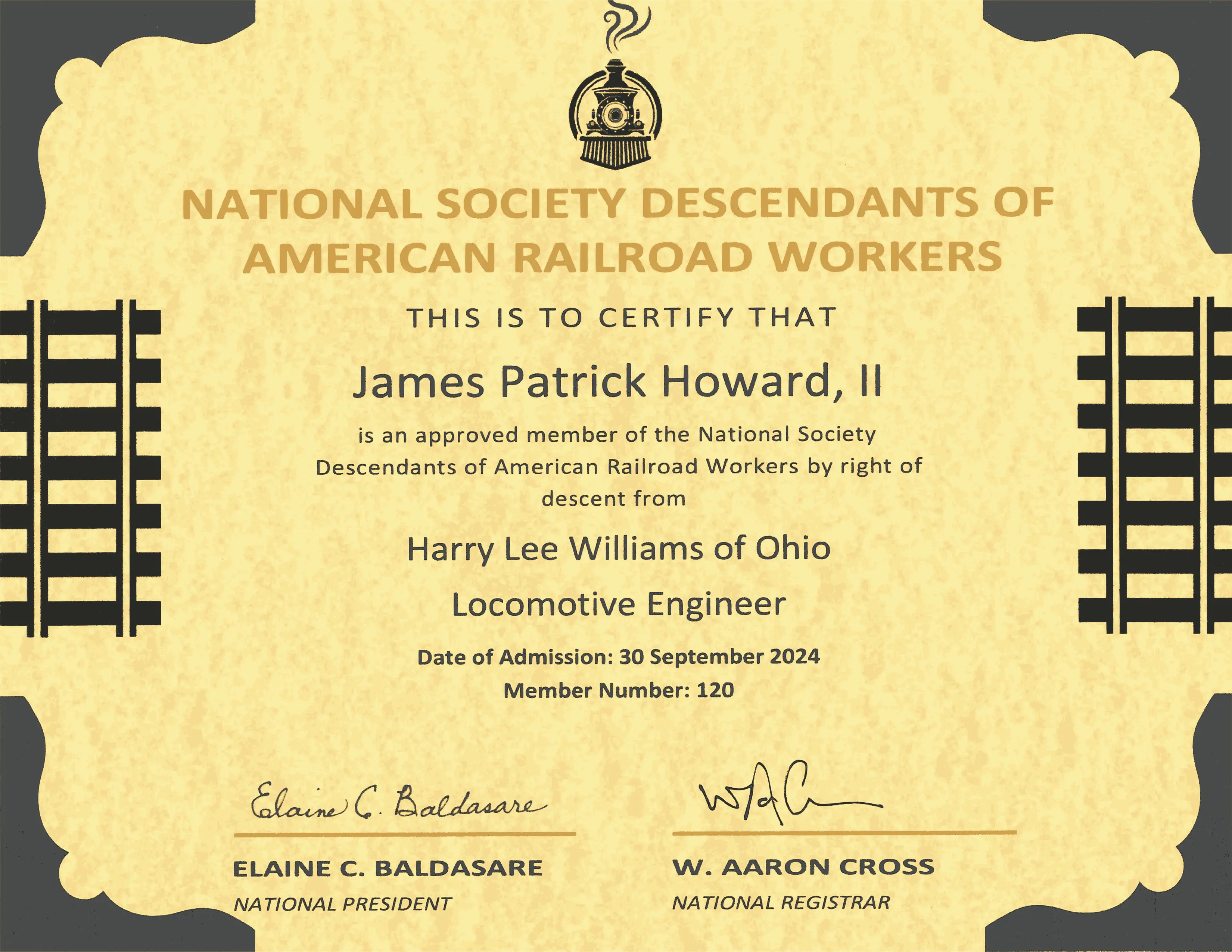 Membership certificate in the National Society Descendants of American Railroad Workers