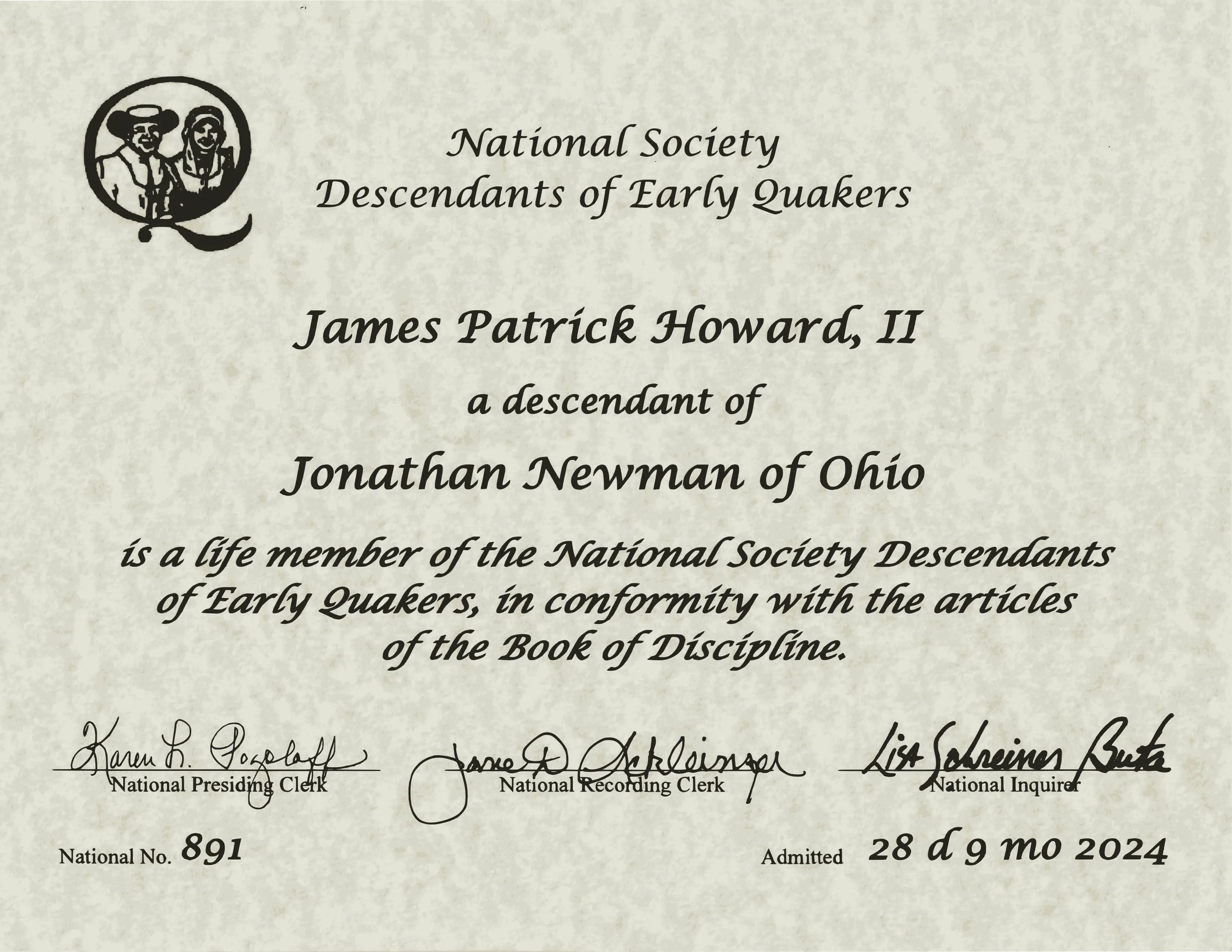 Membership certificate in the National Society Descendants of Early Quakers