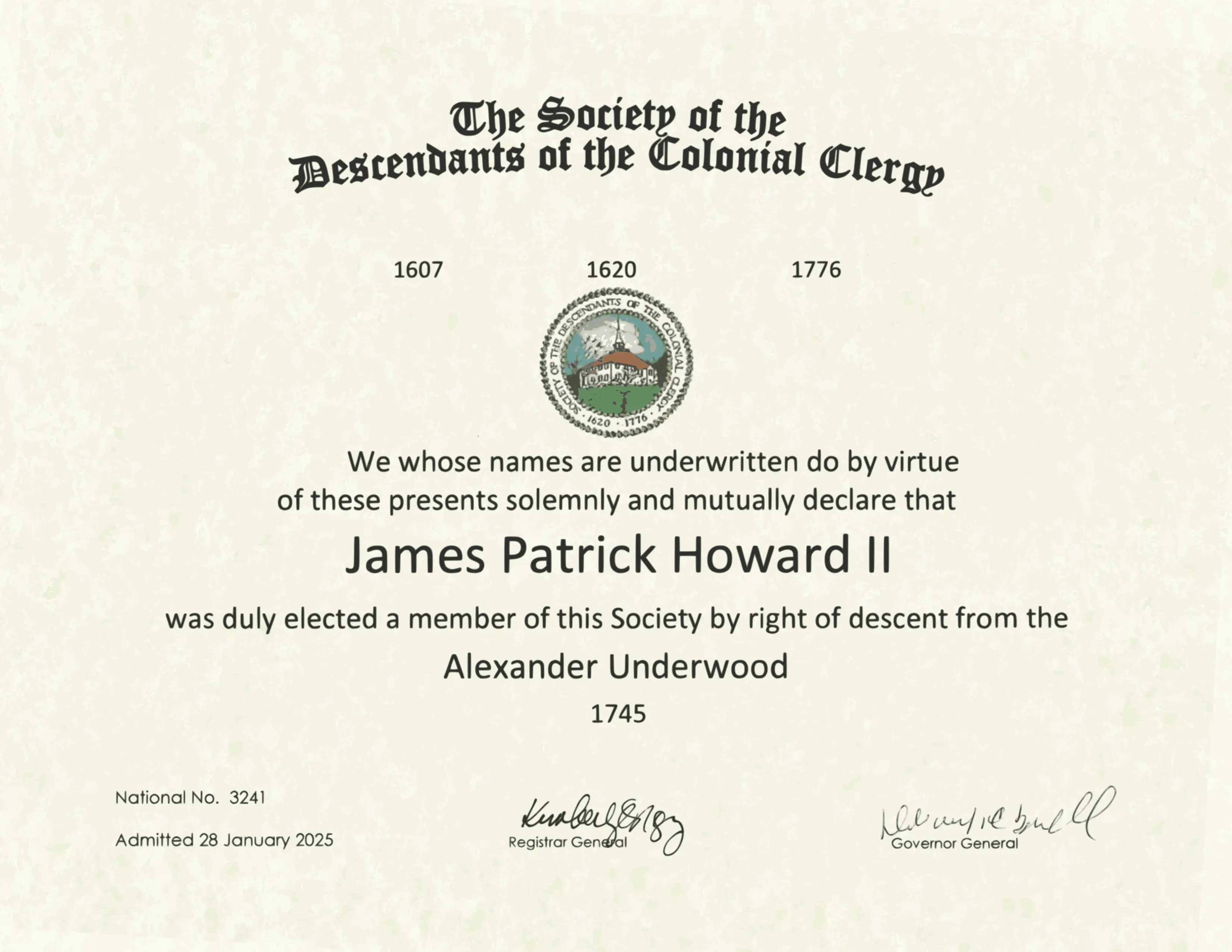 Membership certificate in the Society of the Descendants of the Colonial Clergy