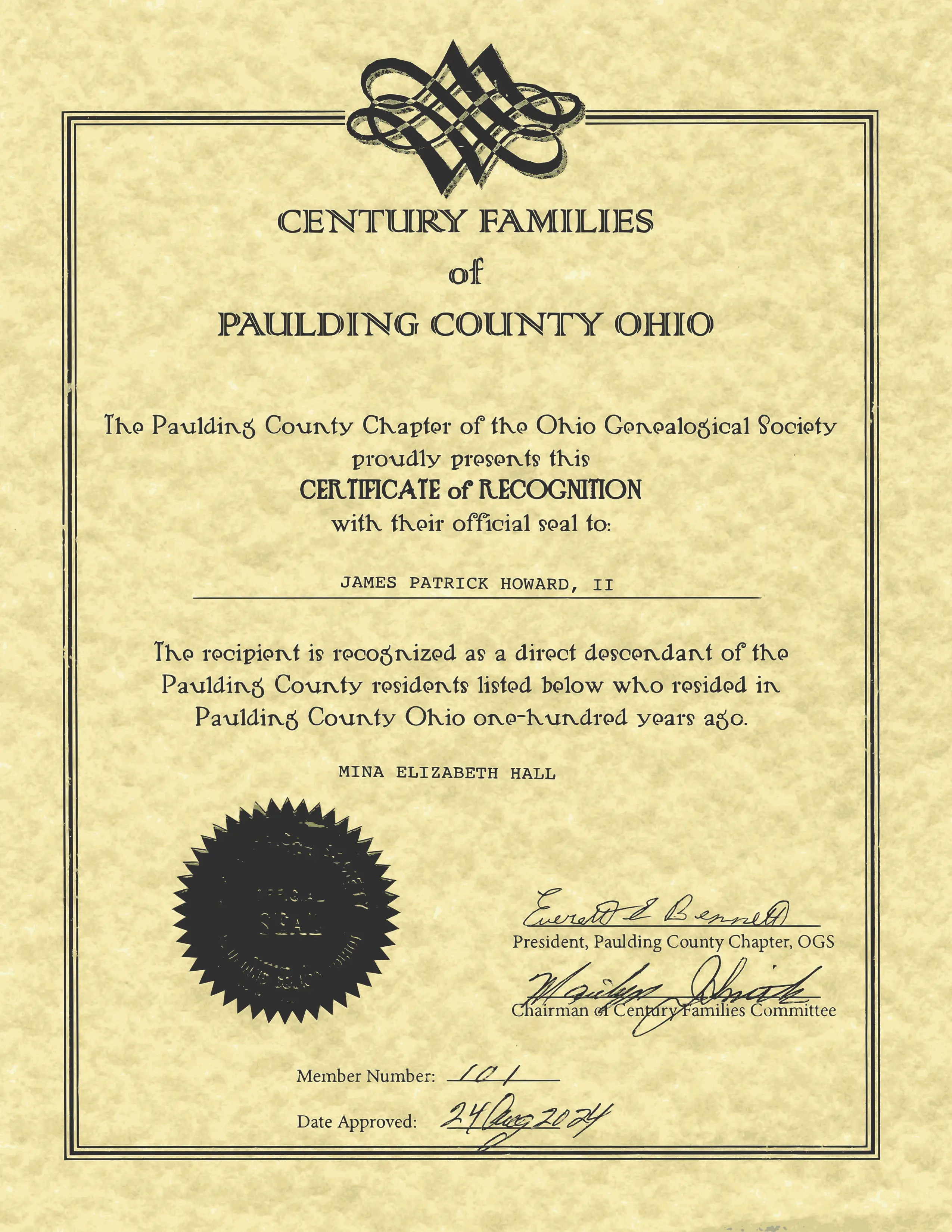 Membership certificate in the Century Families of Paulding County