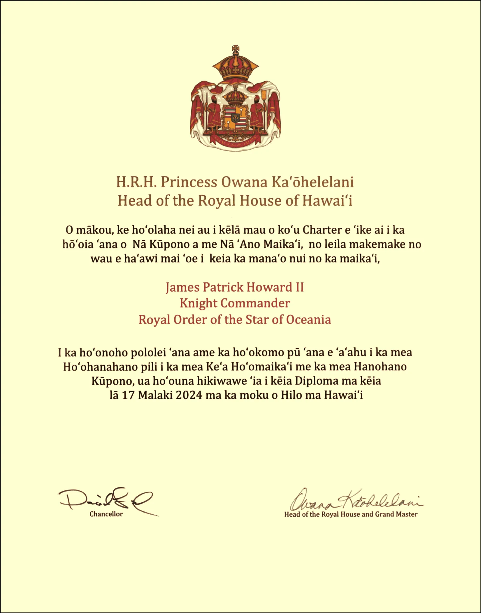 Brevet of Knight Commander of Royal Order of the Star of Oceania