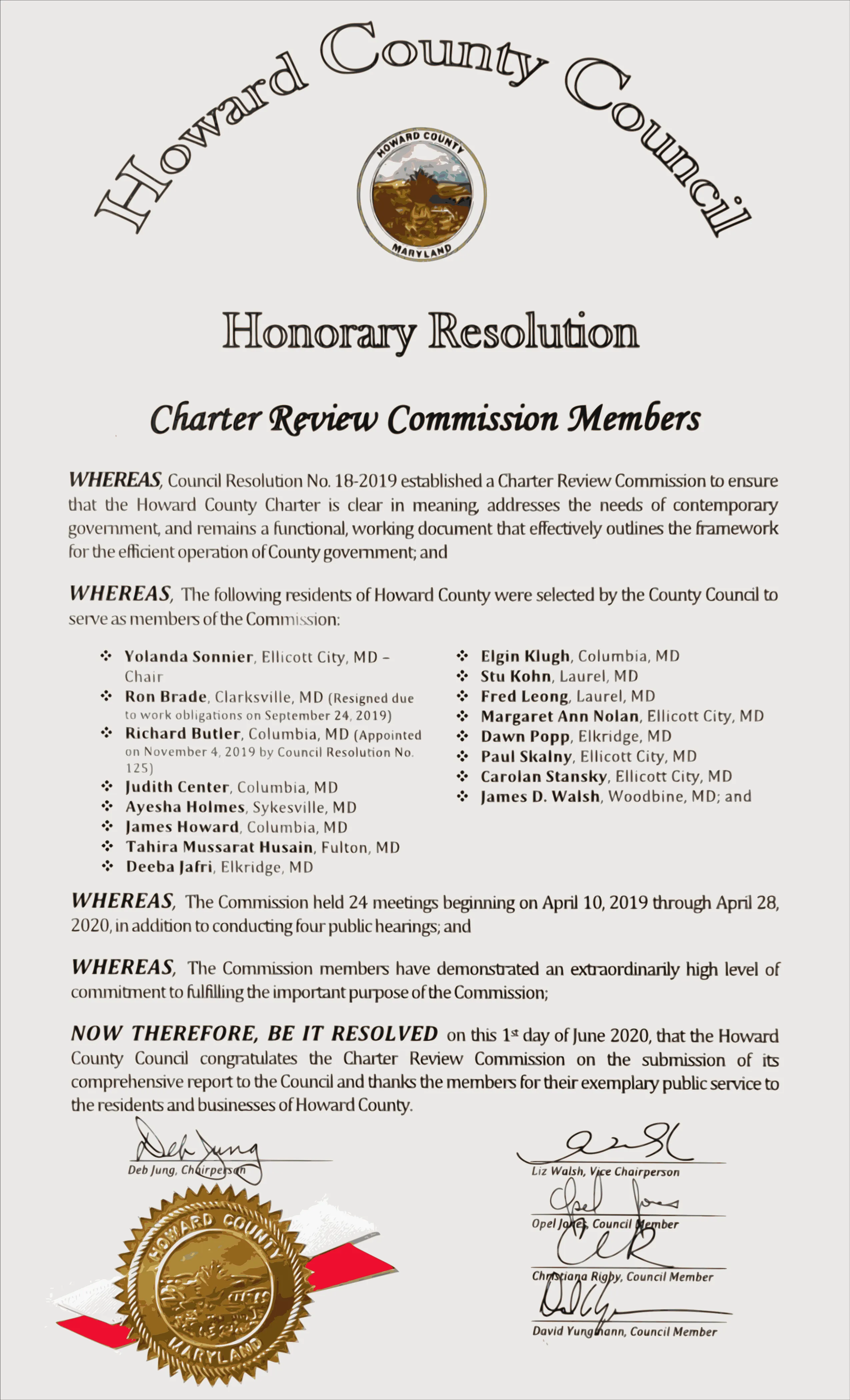 Honorary Resolution for the Charter Review Commission Members