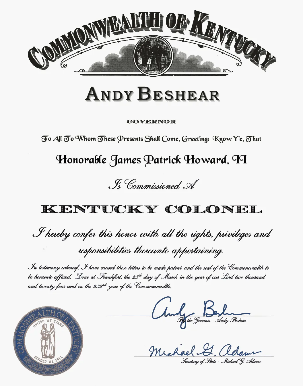Commission appointing James Patrick Howard II a Kentucky Colonel, dated 25 March 2024