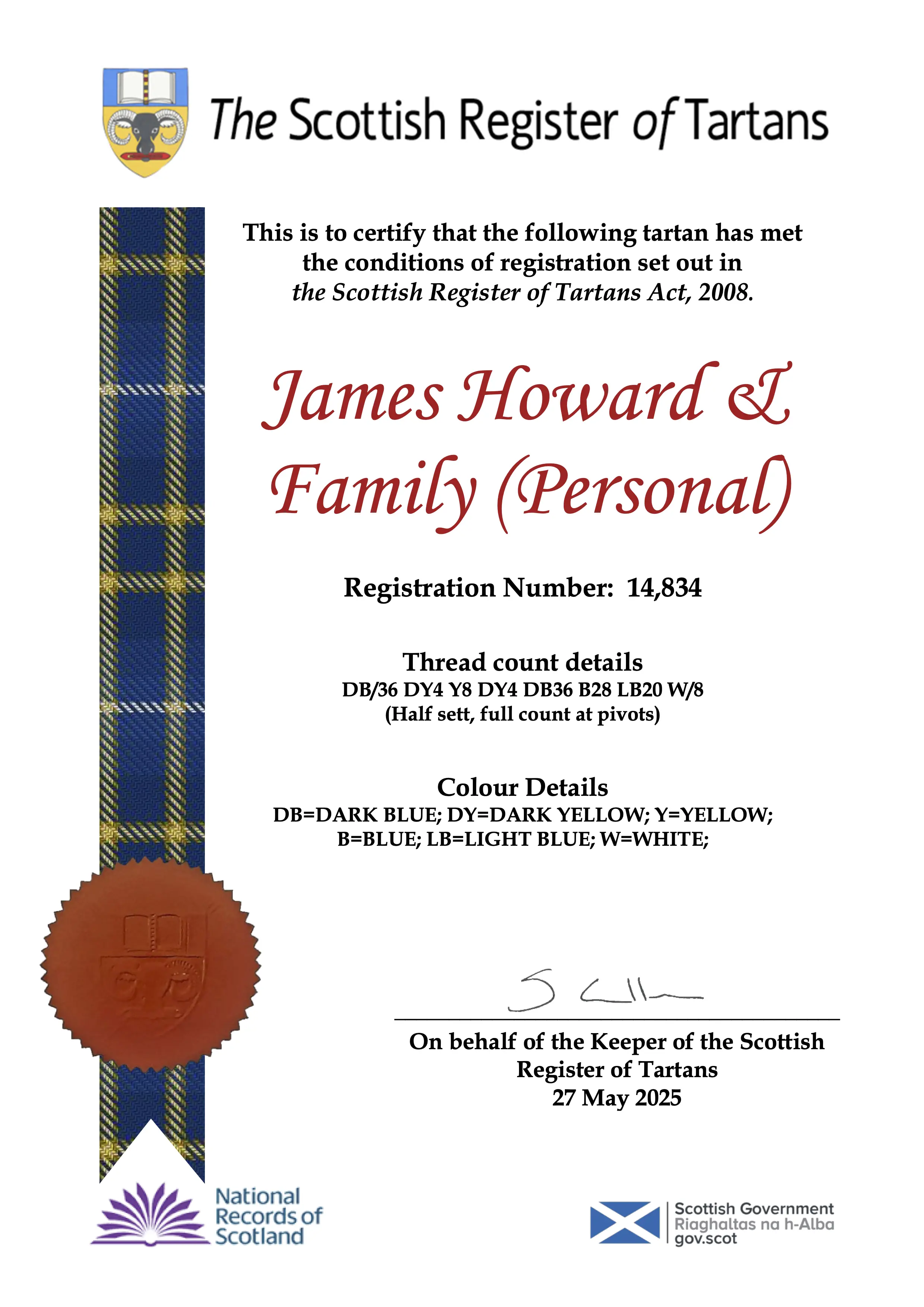 Registration certificate for tartan 14,834