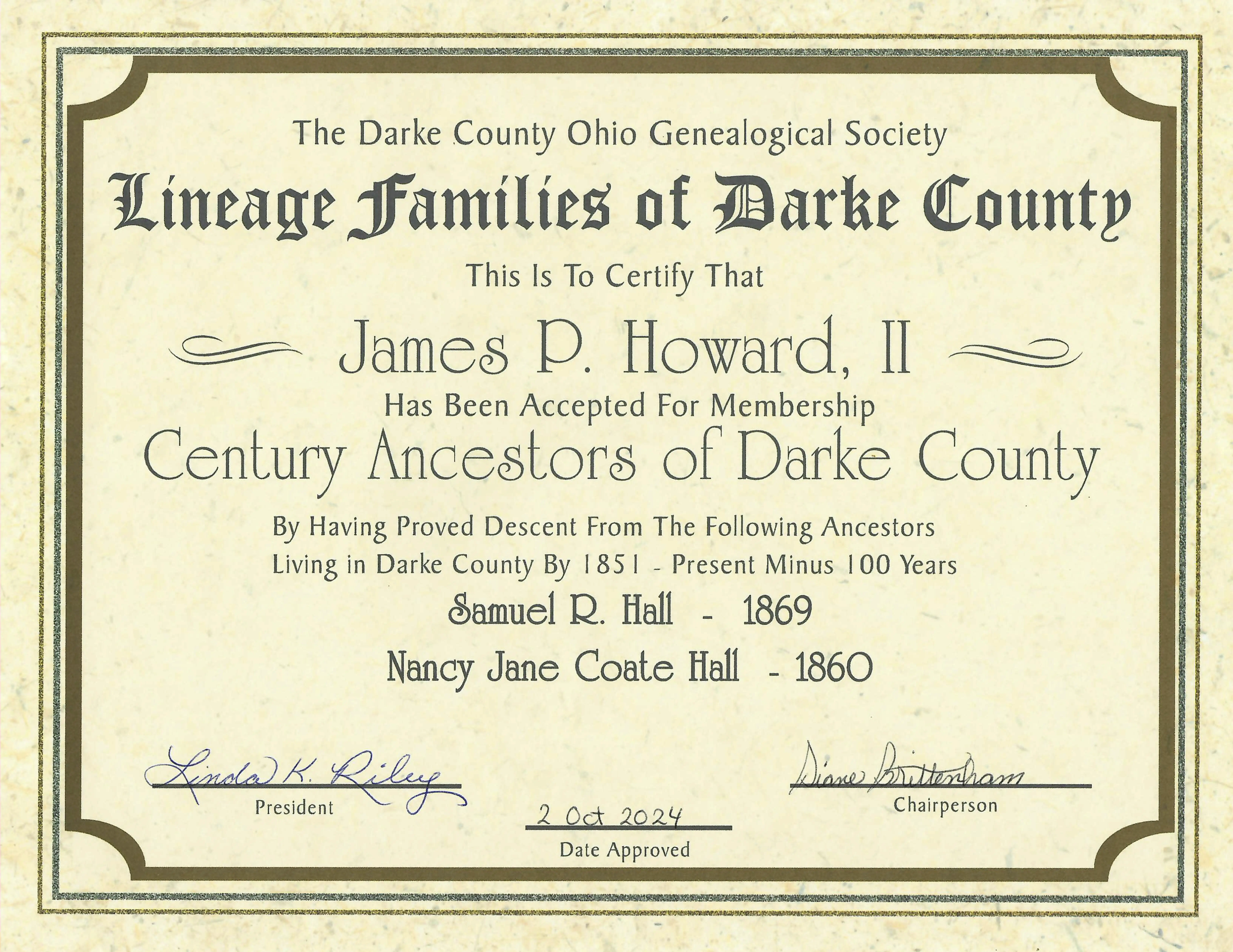 Membership certificate in the Century Ancestors of Darke County
