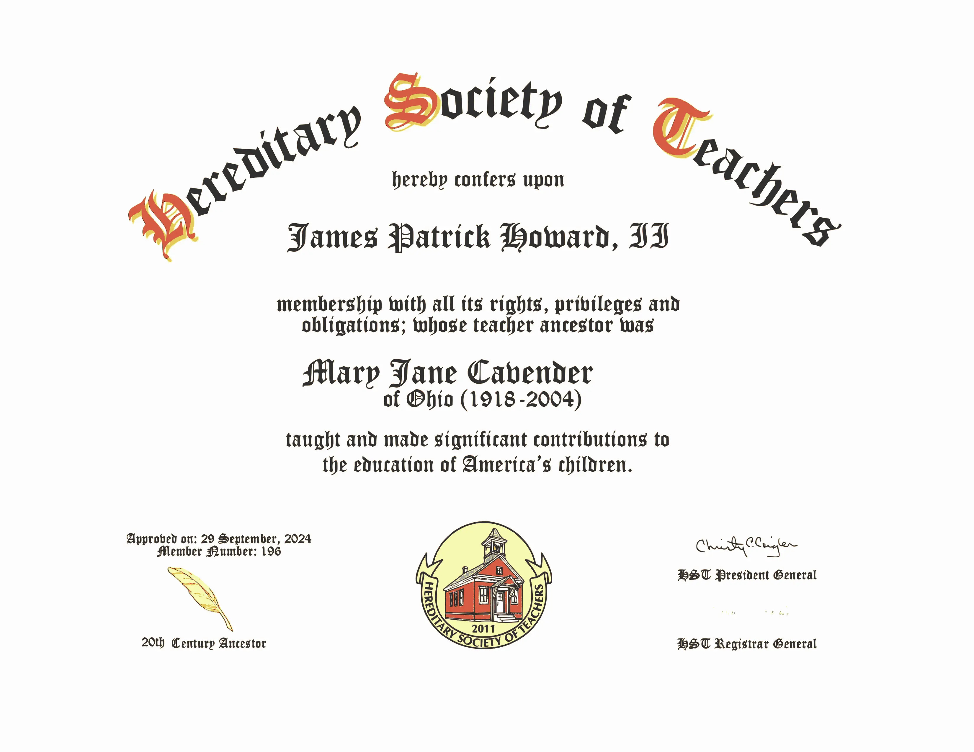 Membership certificate in the Hereditary Society of Teachers