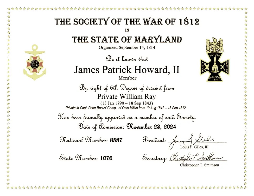 Membership certificate in the Society of the War of 1812 in Maryland