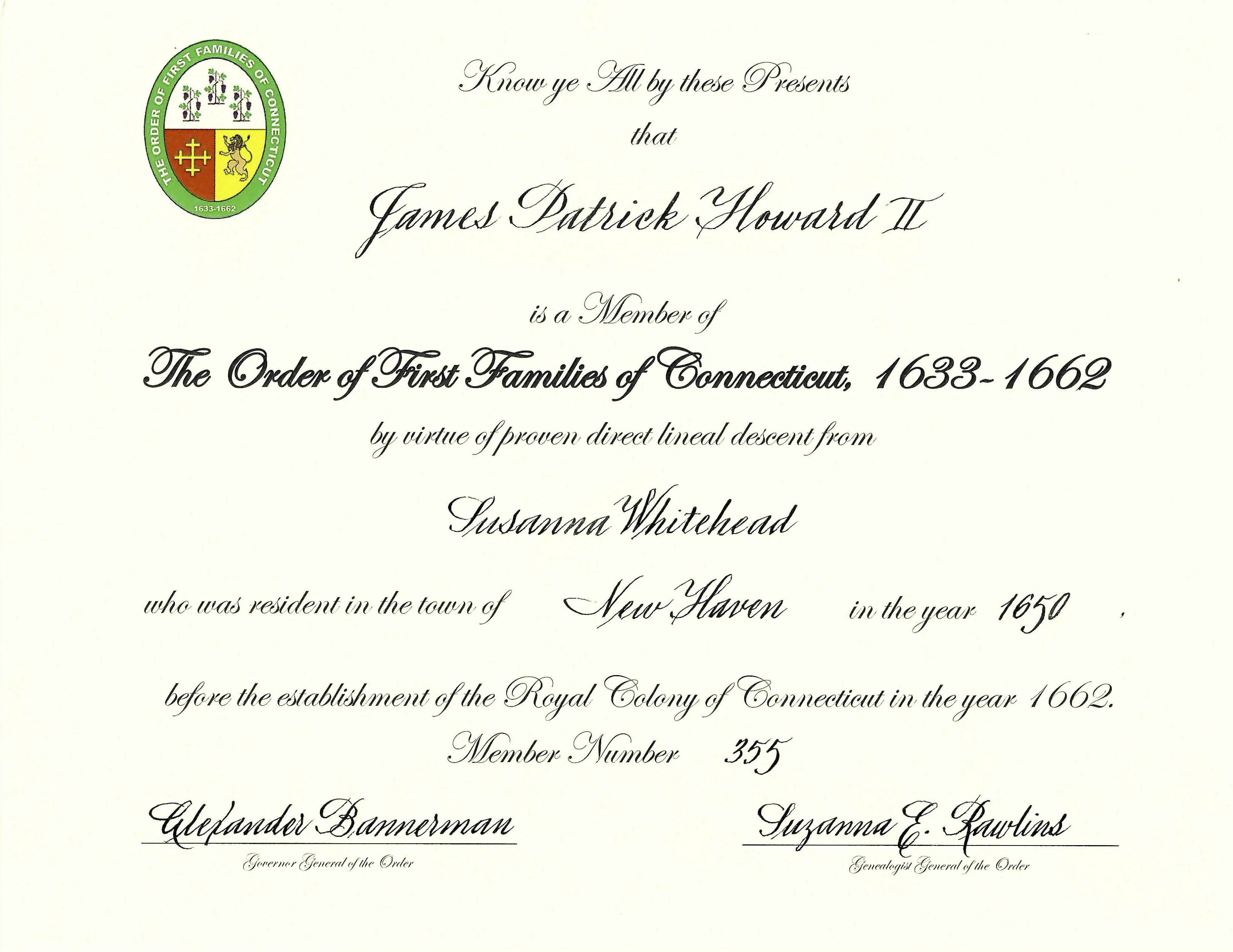 Membership certificate in the Order of the First Families of Connecticut