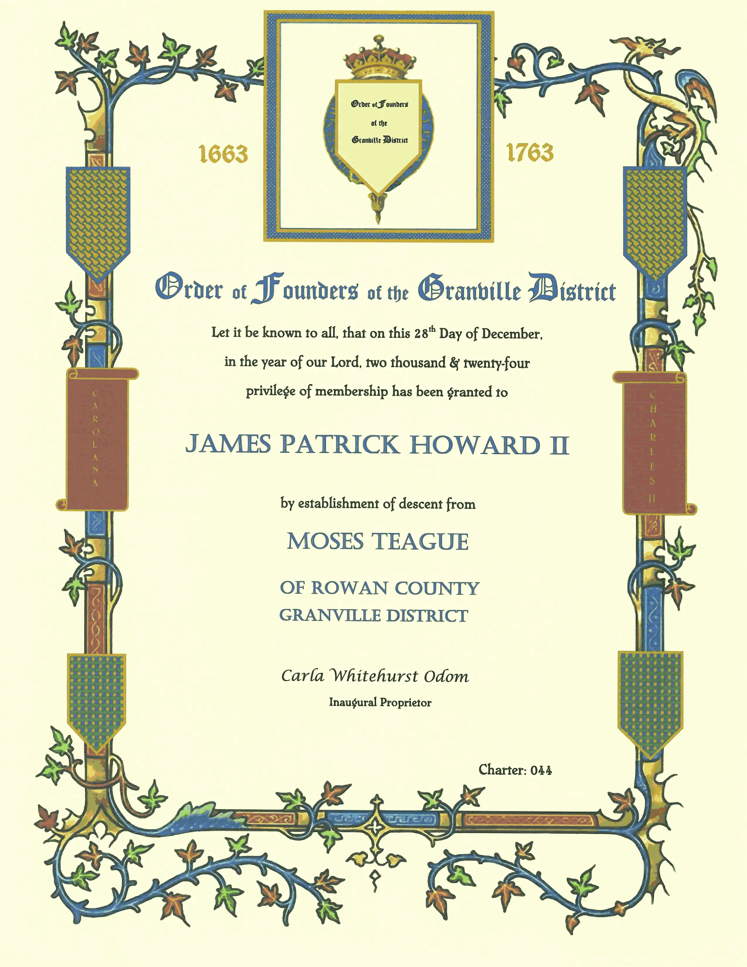 Membership certificate in the Order of Founders of the Granville District