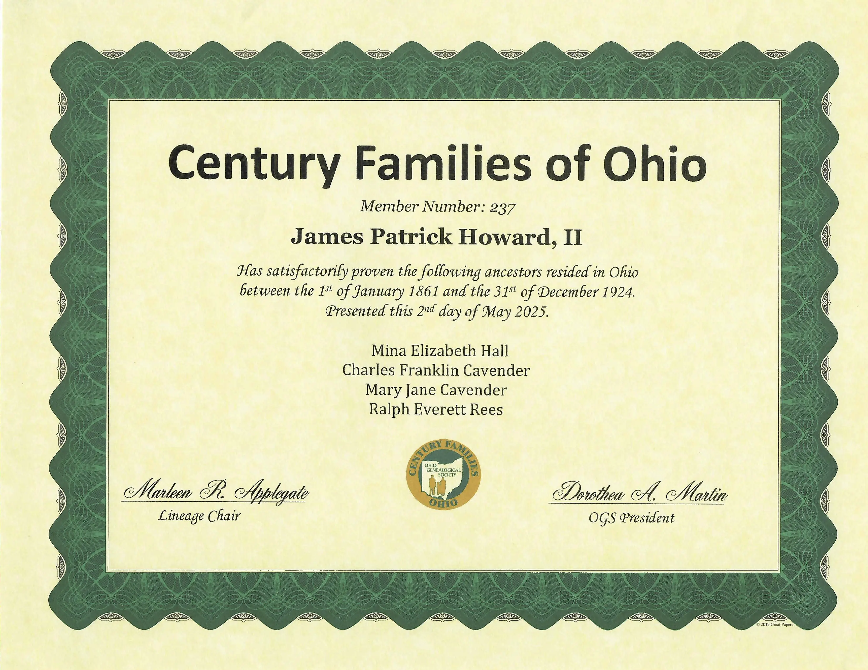 Membership certificate in the Century Families of Ohio