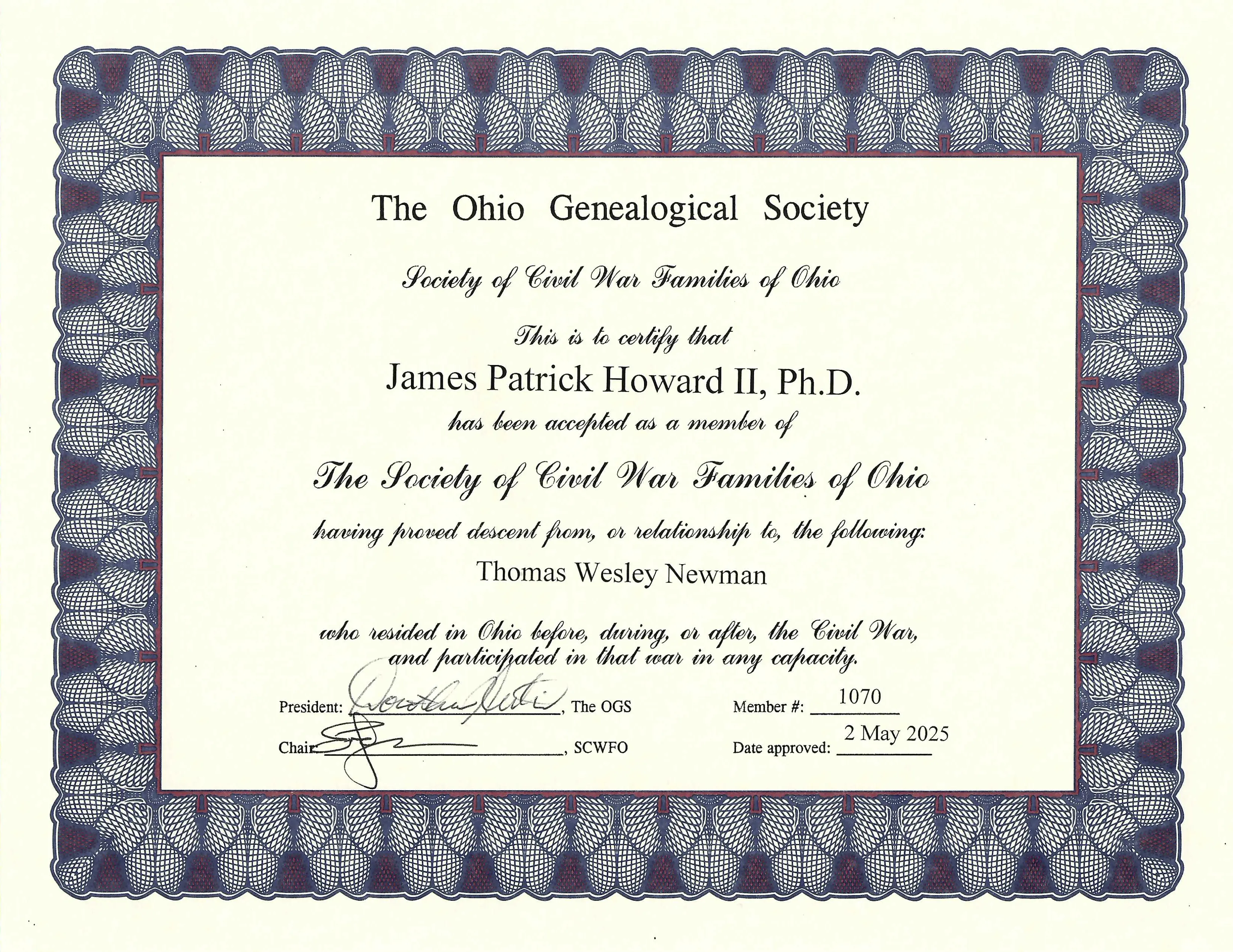 Membership certificate in the Society of Civil War Families of Ohio