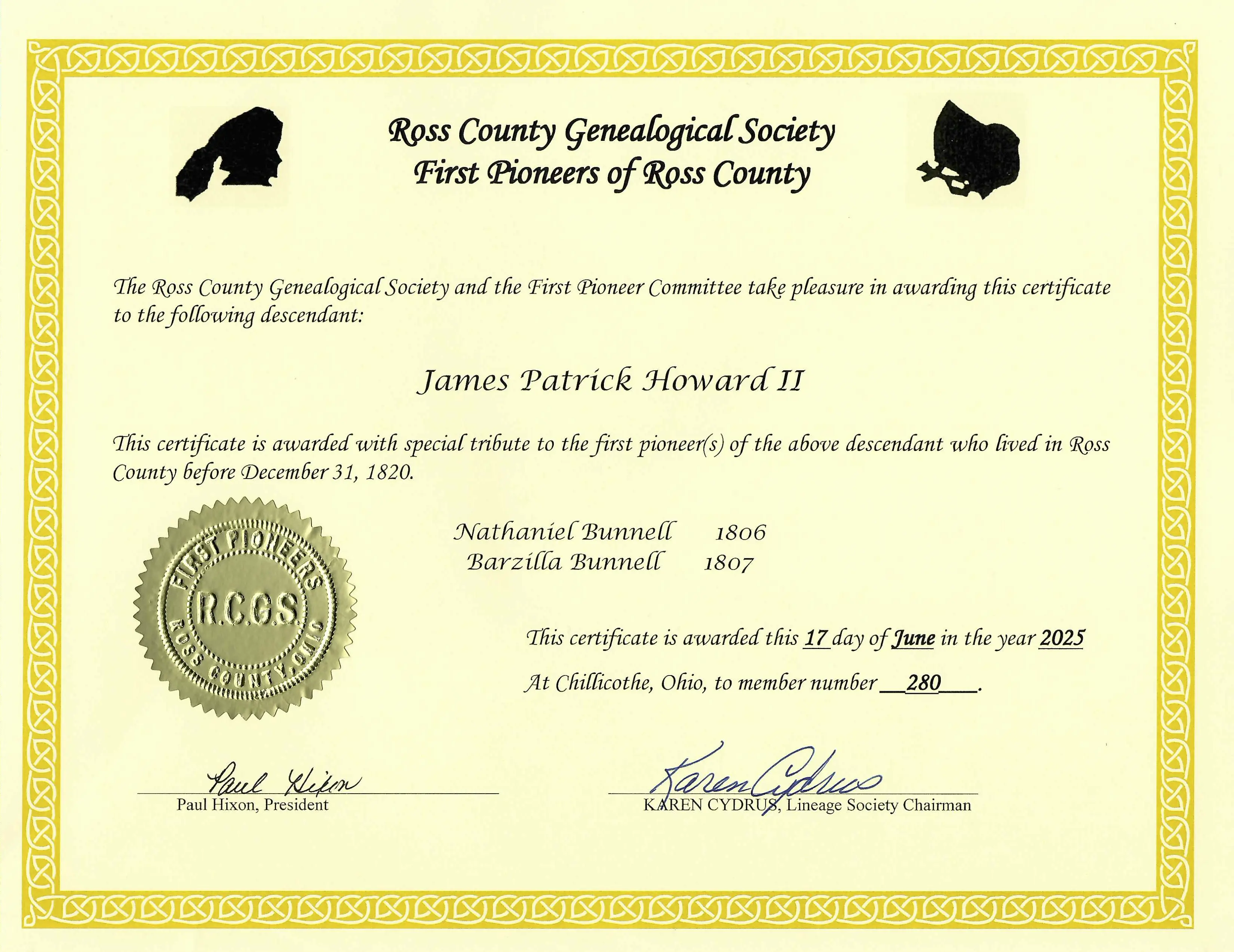 Membership certificate in the First Pioneers of Ross County