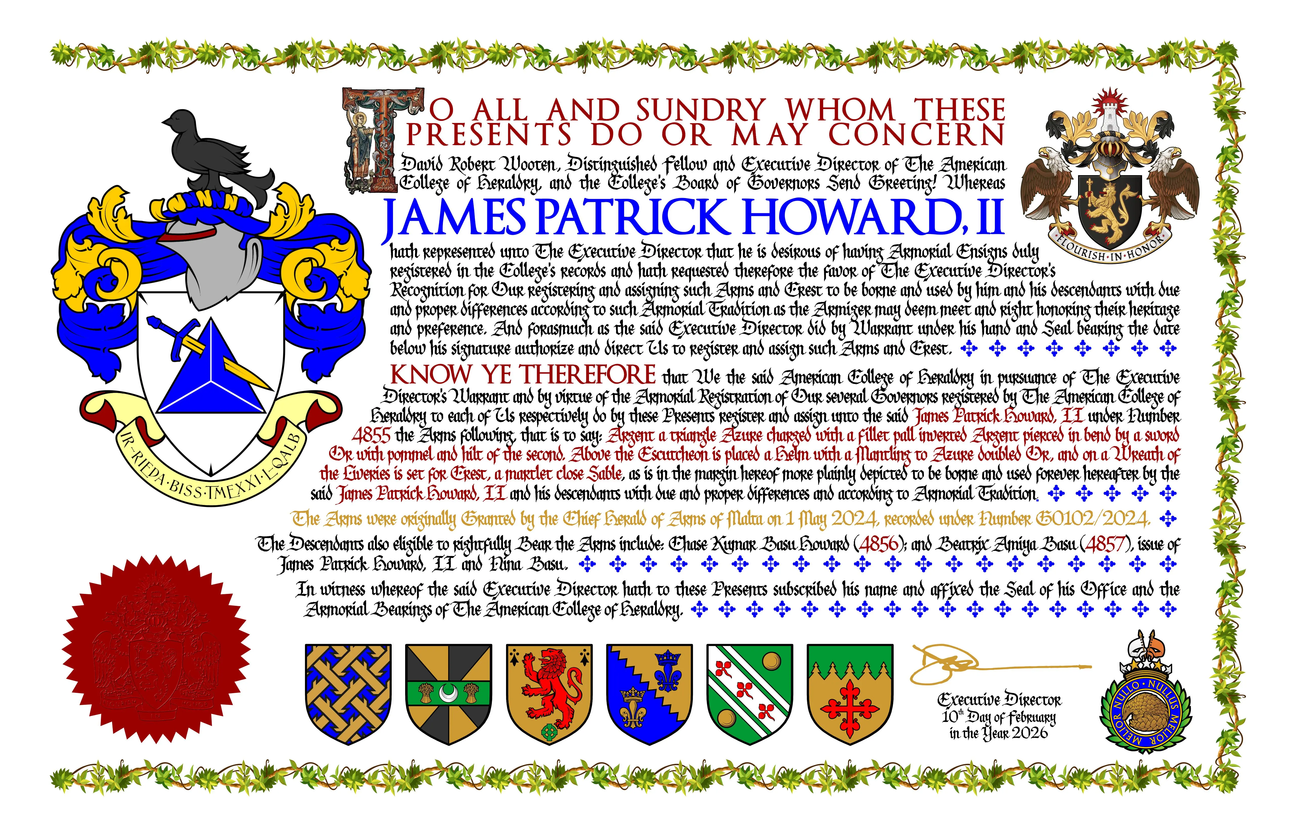 Registration certificate from the American College of Heraldry