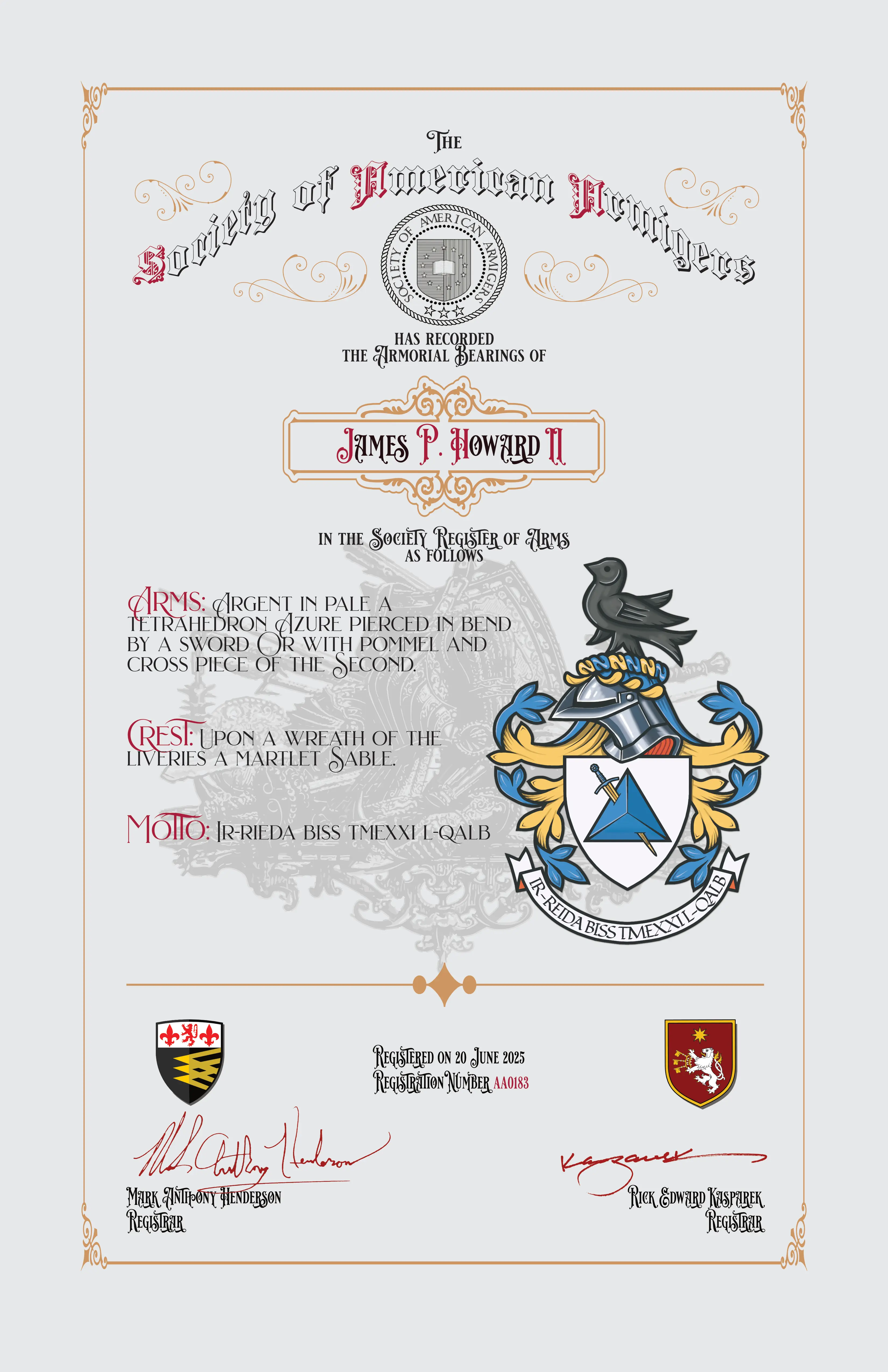 American Armigers registration certificate AA0183