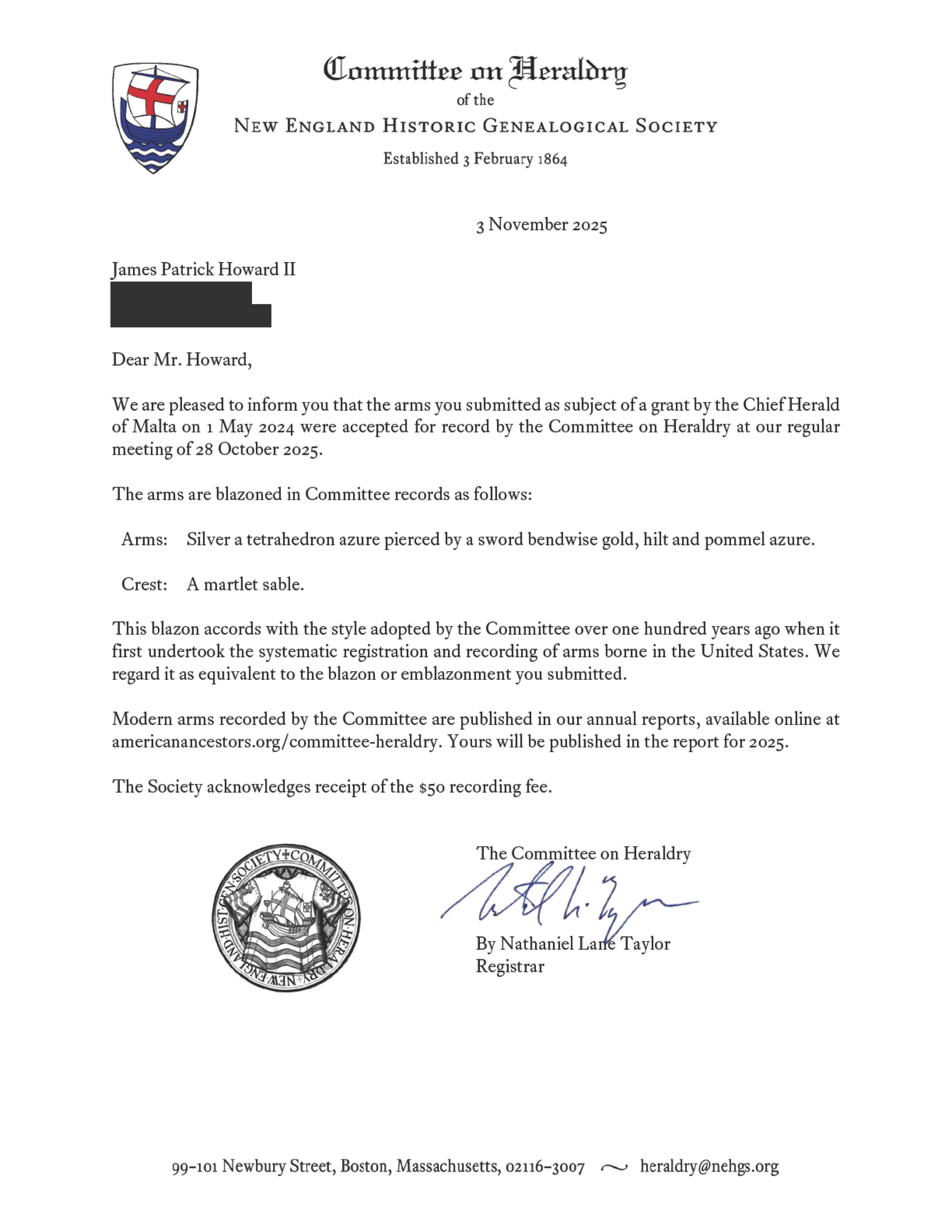 Record letter from the NEHGS Committee on Heraldry