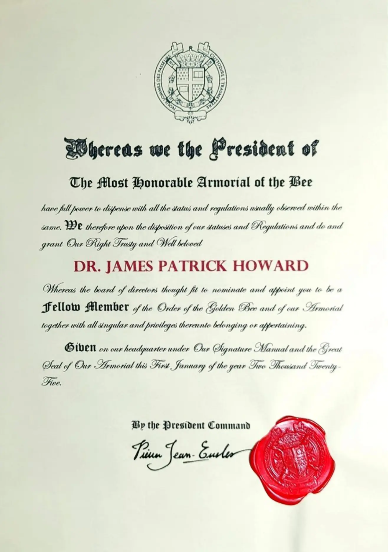 Certificate appointing James Patrick Howard Fellow Member of the Order of the Golden Bee, dated 1 January 2025