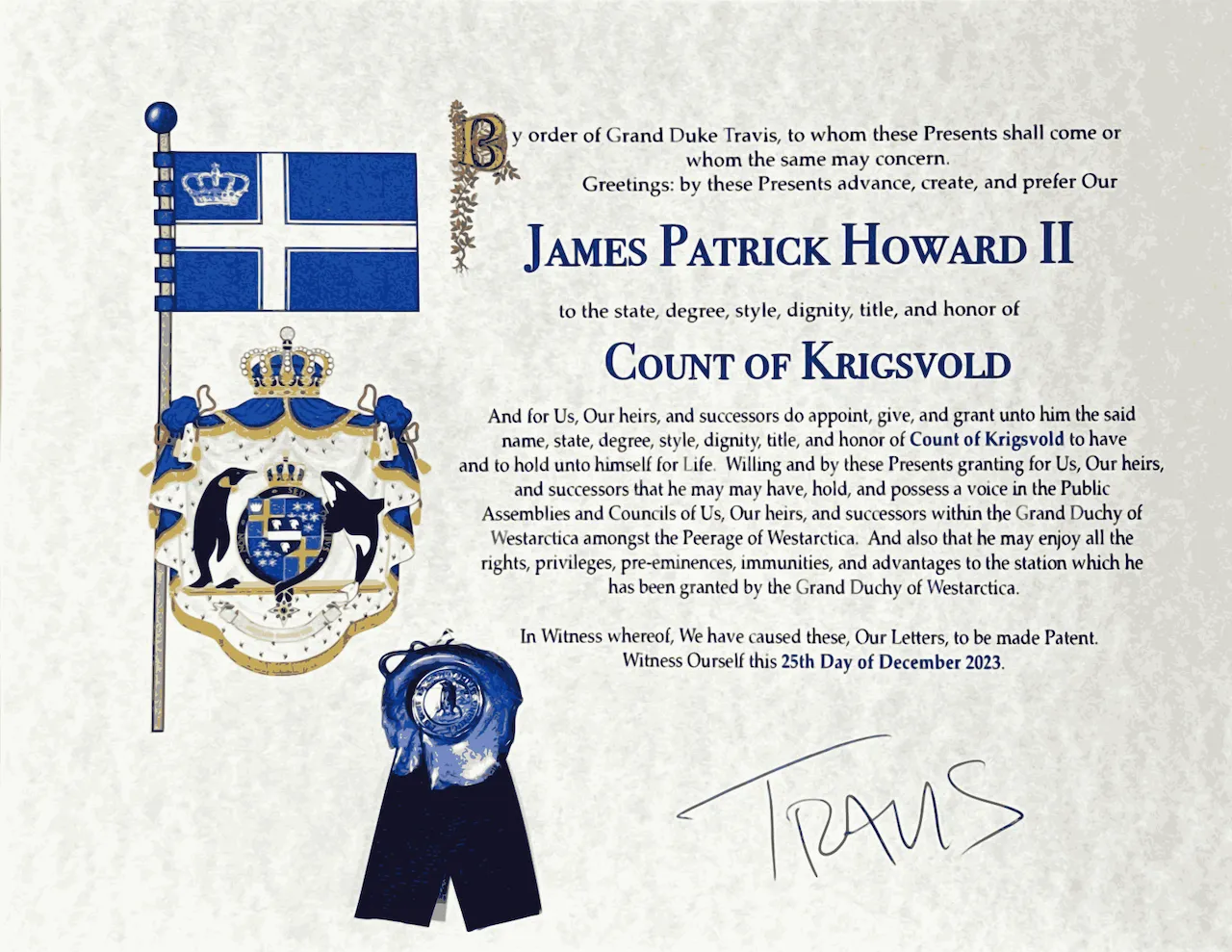 Letters Patent for the Count of Krigsvold