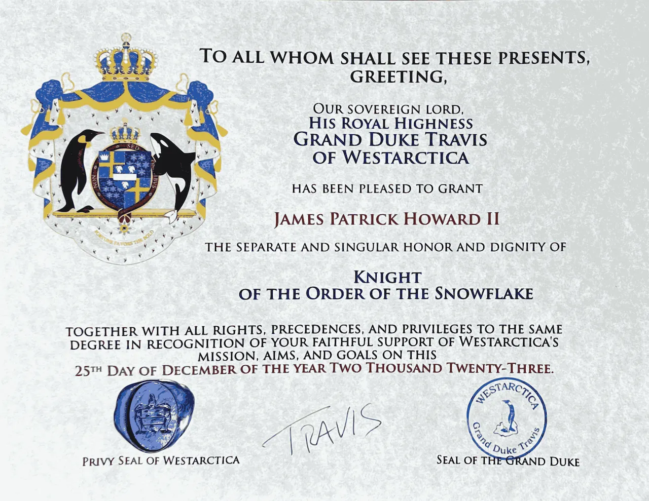 Brevet for the Knight of the Snowflake