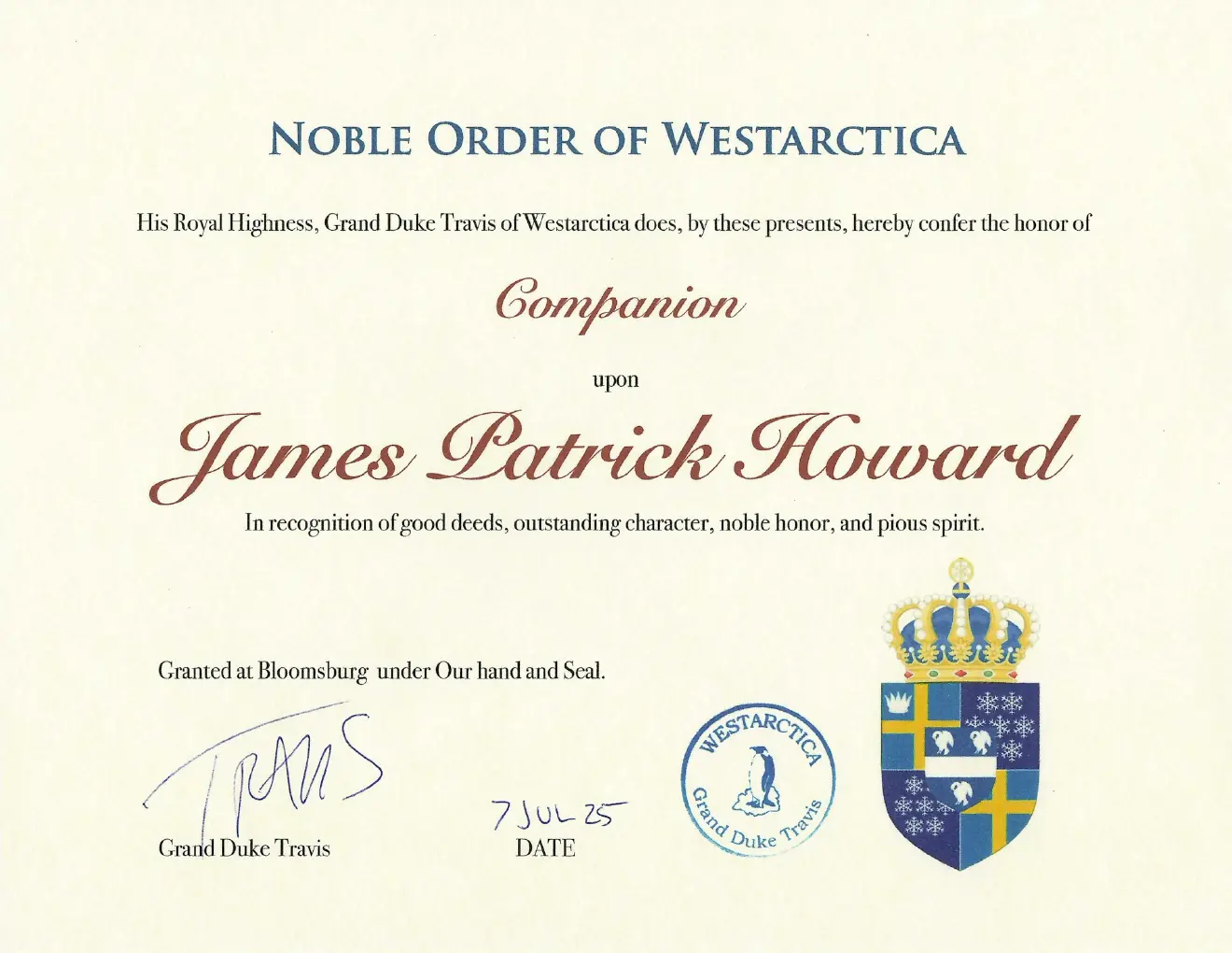 Certificate appointing James Patrick Howard Companion of the Noble Order of Westarctica
