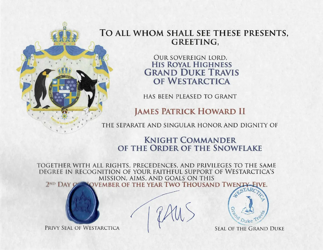Instrument appointing James Patrick Howard II Knight Commander of the Order of the Snowflake