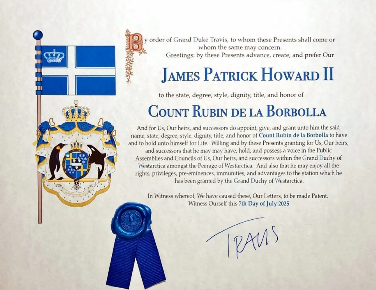 Letters Patent creating James Patrick Howard II Count Rubin de la Borbolla