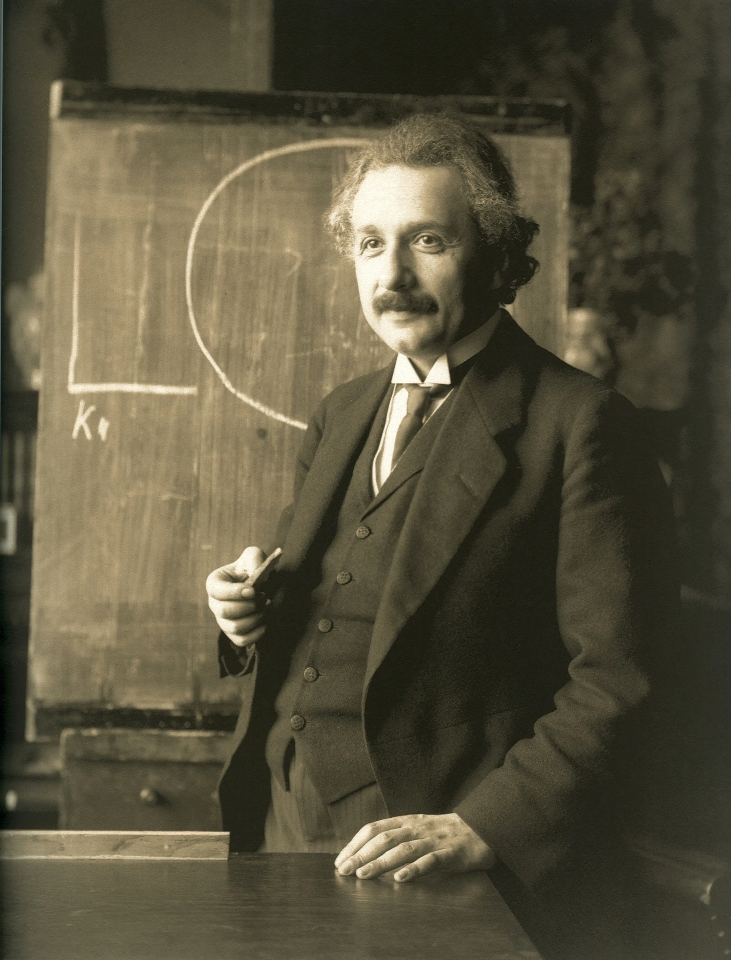 Picture of Albert Einstein from 1921 in front of a chalkboard