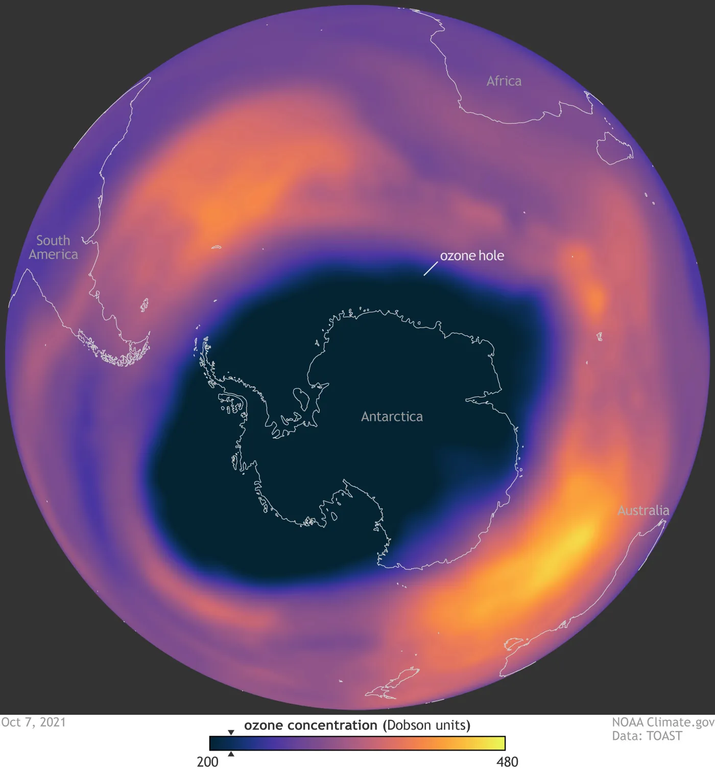 Southern Hemisphere ozone levels (October 7, 2021),
via NOAA