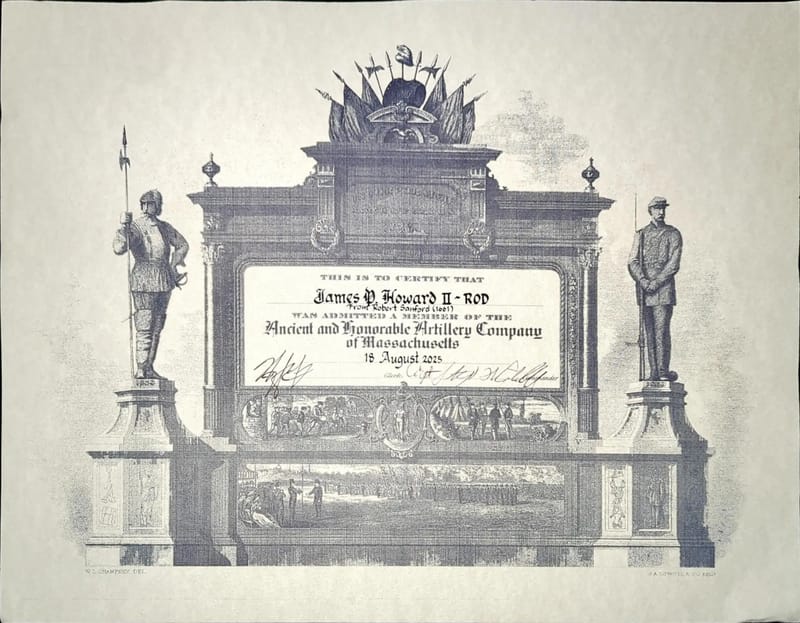 Membership certificate in the Ancient and Honorable Artillery Company of Massachusetts