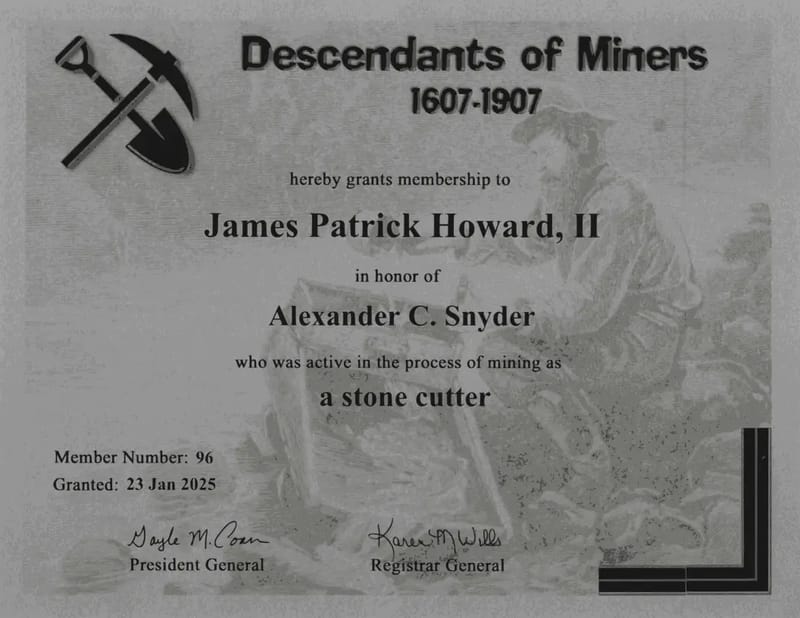 Membership certificate in the Descendants of Miners