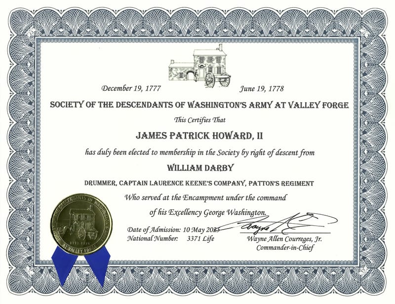 Membership certificate in the Society of the Descendants of Washington's Army at Valley Forge