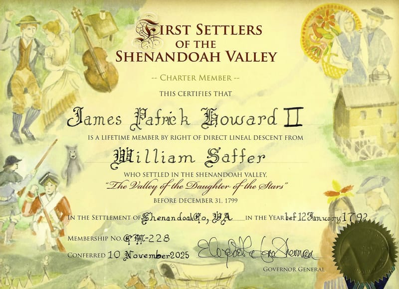 Membership certificate in the First Settlers of the Shenandoah Valley