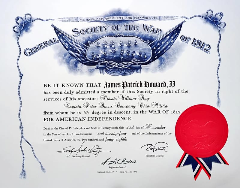 Membership certificate in the General Society of the War of 1812