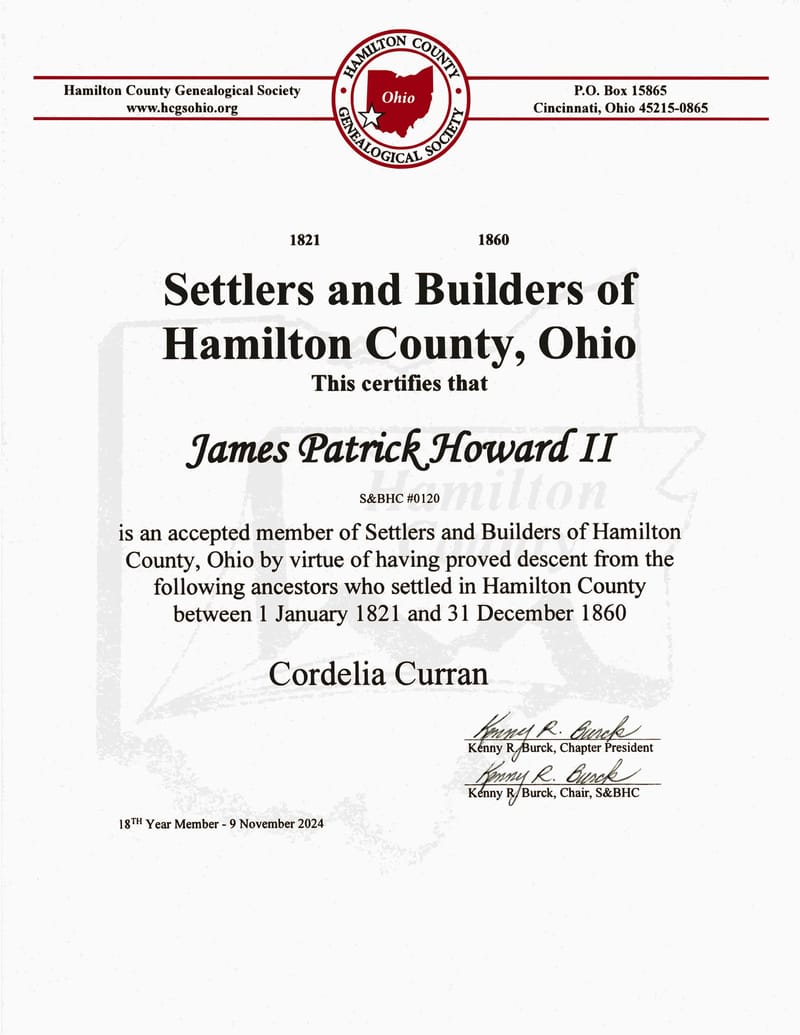 Membership certificate in the Settlers and Builders of Hamilton County