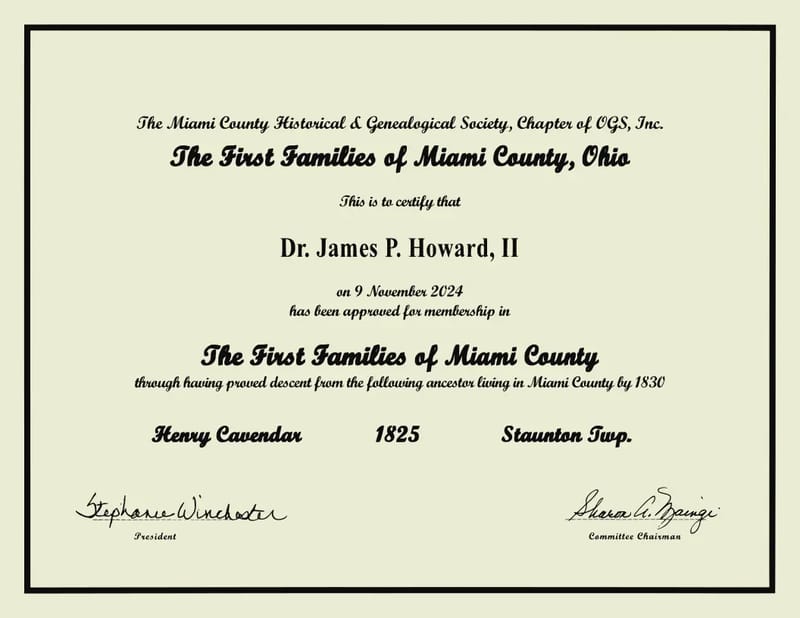 Membership certificate in the First Families of Miami County