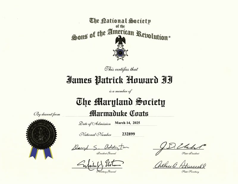 Membership certificate in the National Society of the Sons of the American Revolution