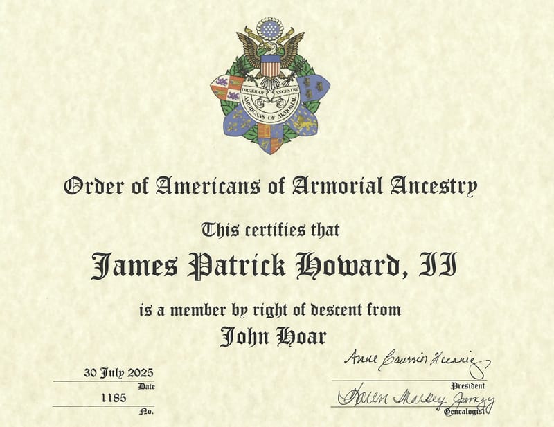 Membership certificate in the Order of Americans of Armorial Ancestry