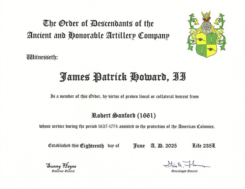 Membership certificate in the Order of Descendants of the Ancient and Honorable Artillery Company