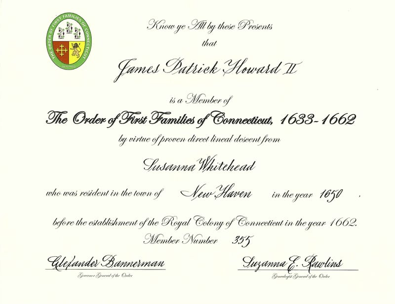 Membership certificate in the Order of the First Families of Connecticut