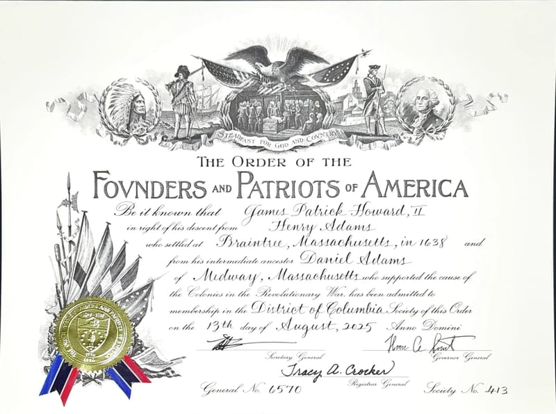 Membership certificate in the Order of Founders and Patriots of America