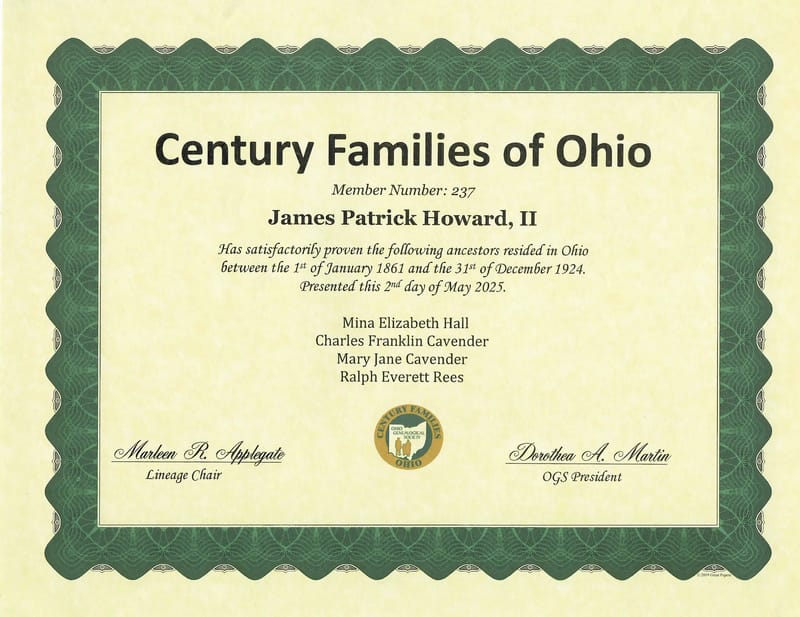 Membership certificate in the Century Families of Ohio