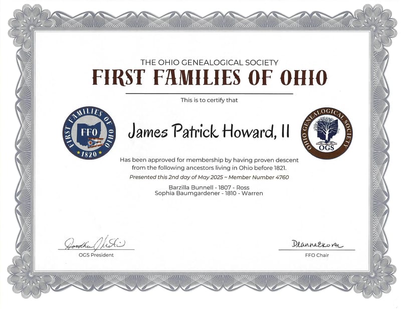Membership certificate in the First Families of Ohio